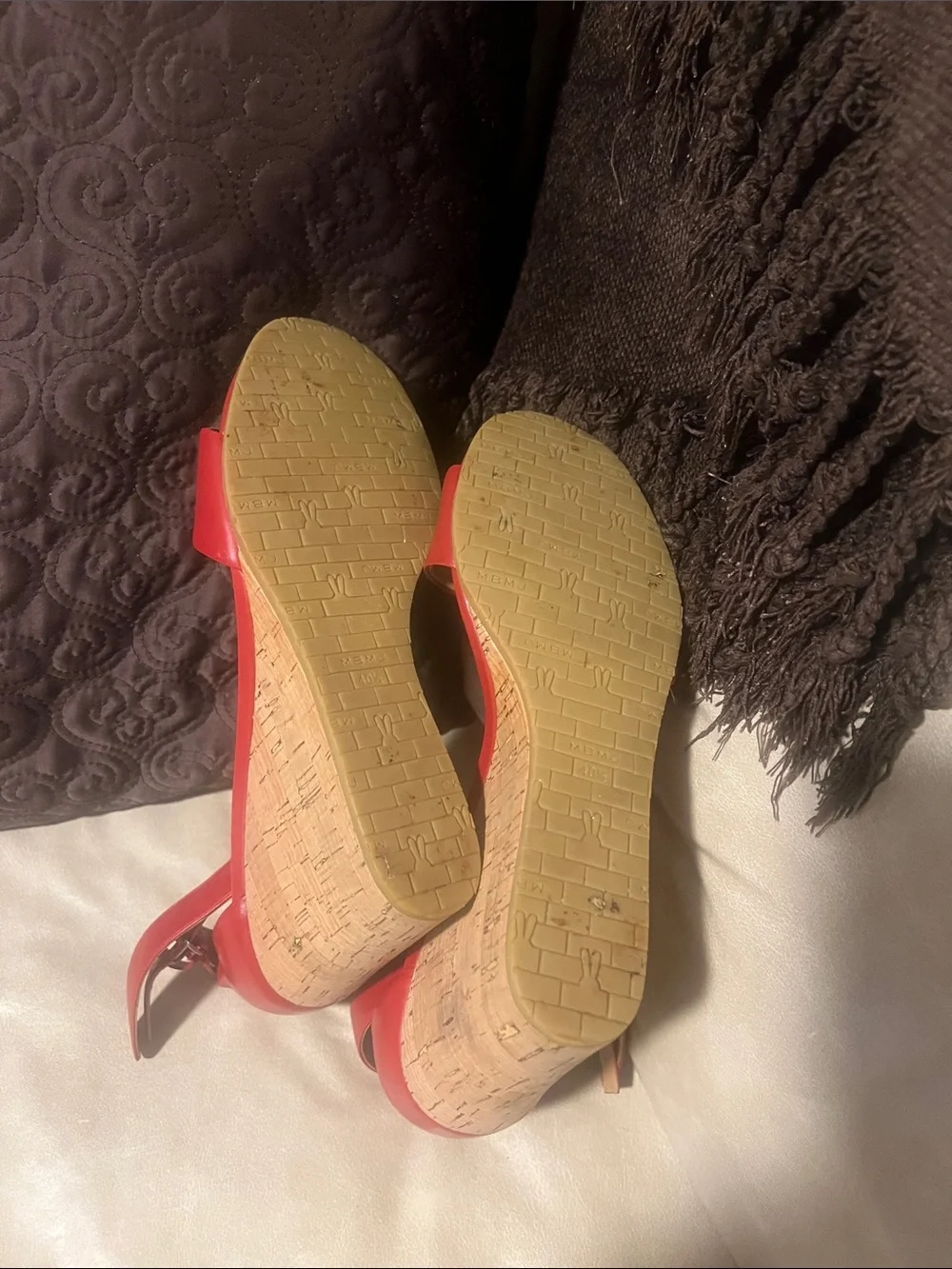 Marc Jacobs Red Leather Ankle-Strap Wedge Sandals with Bow Accent